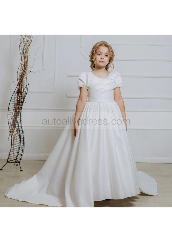 Short Sleeves Ivory Pleated Satin Flower Girl Dress